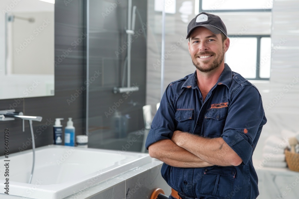 A confident smiling plumber in uniform posing in a modern bathroom setting A confident smiling plumber in uniform posing in a modern bathroom setting