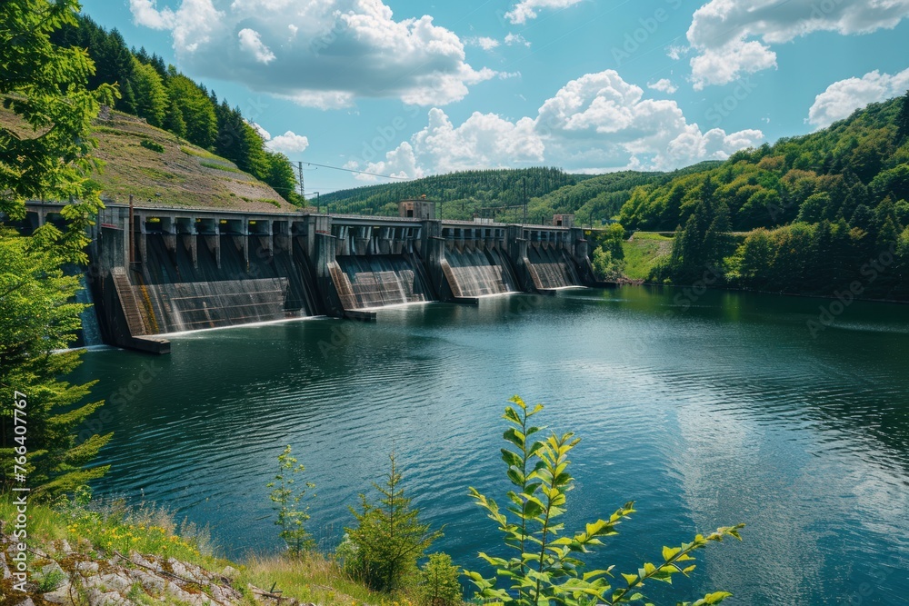 A dam with a hydroelectric power plant to the wooded countryside. Renewable energy concept A dam with a hydroelectric power plant to the wooded countryside. Renewable energy concept