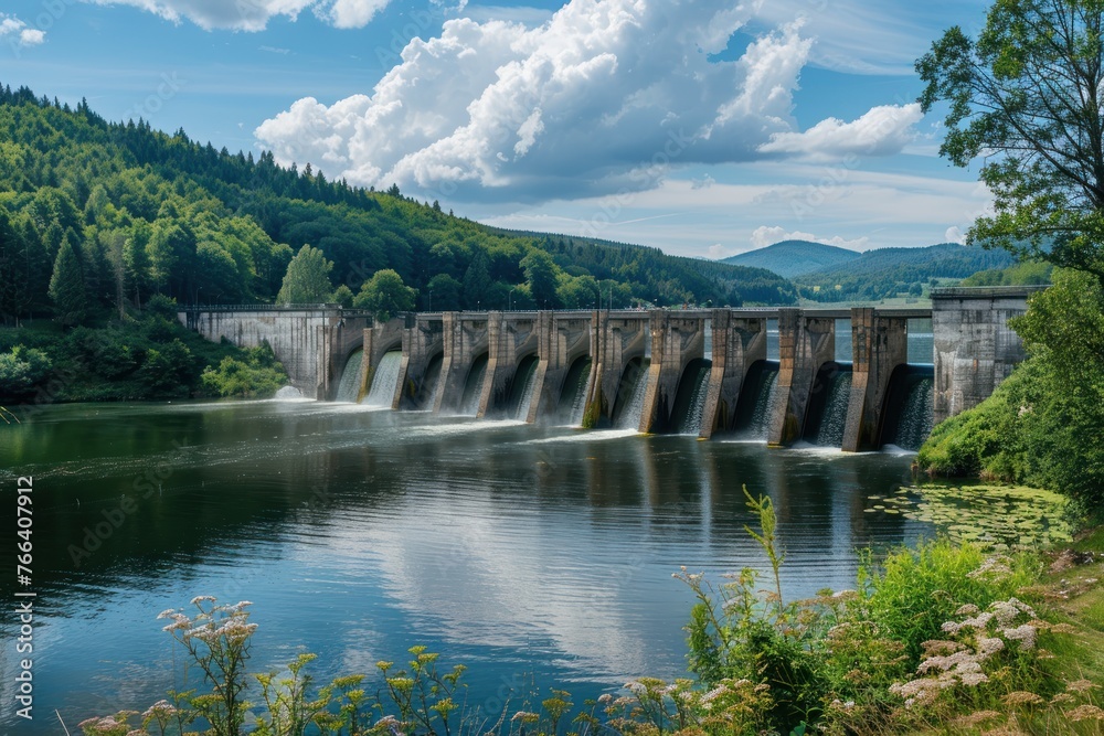 Fototapeta premium A dam with a hydroelectric power plant to the wooded countryside. Renewable energy concept