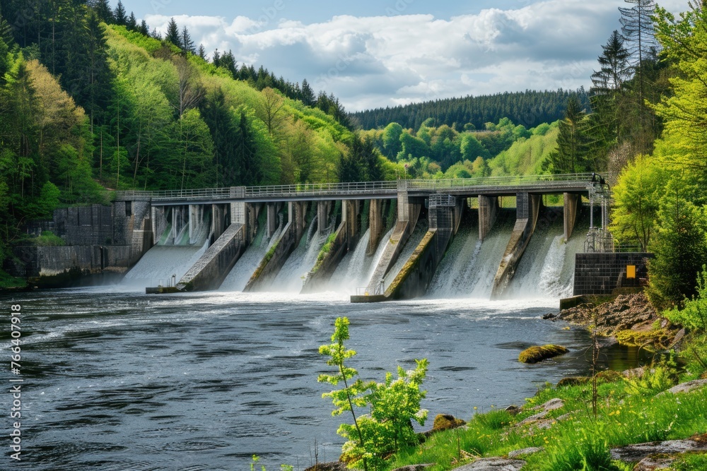 A dam with a hydroelectric power plant to the wooded countryside. Renewable energy concept