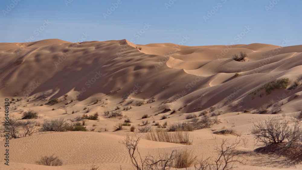Tall dunes surrounding a valley in the Sahara Desert, outside of Douz, Tunisia