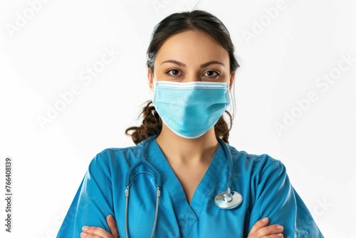 A healthcare worker wearing a mask in a hospital Isolated on white background