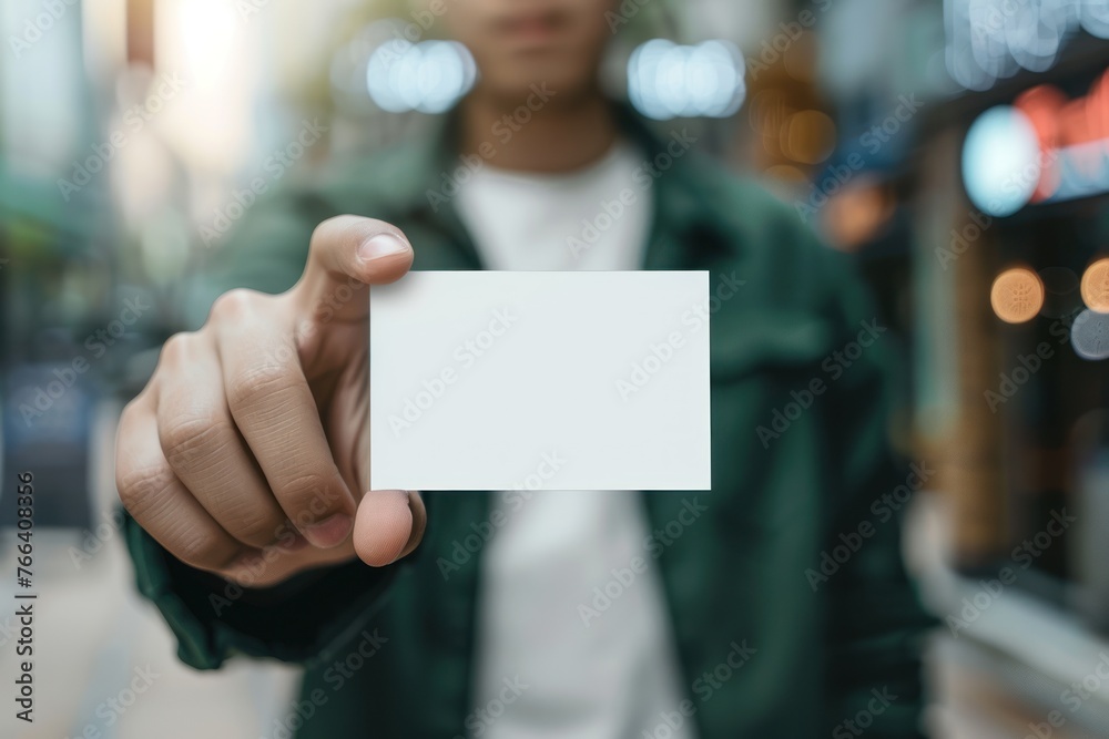 A young man holding a blank business card office bokeh A young man holding a blank business card office bokeh