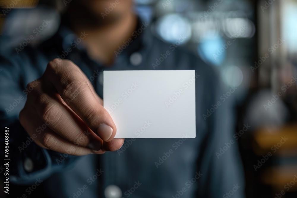 A young man holding a blank business card office bokeh A young man holding a blank business card office bokeh