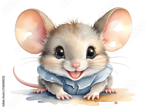 Watercolor drawing of a smiling little mouse, pastel colors, like in a children's book on a white background, love © zuleyka123