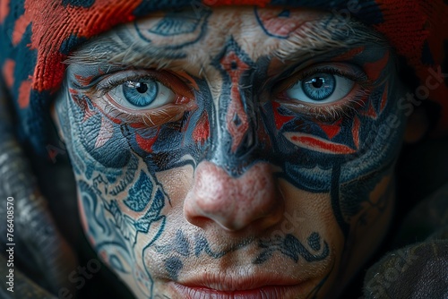 Intense Portrait of a Man with Traditional Tribal Facial Tattoos