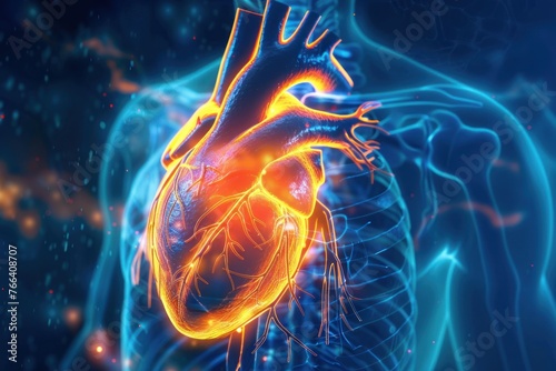 Anatomical illustration of the human heart with a glowing cardiovascular network