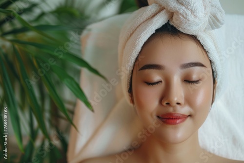 Asian young woman in spa salon relaxing. Body skin and hair care