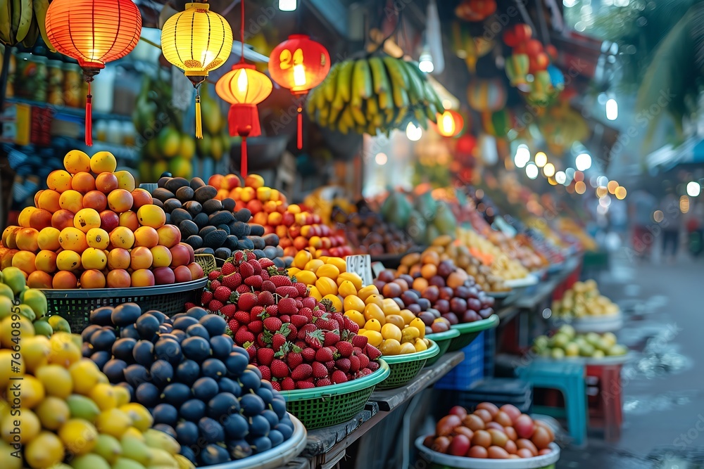 Colorful Fruit Market Illuminated by Traditional Lanterns
