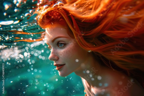 beautiful mermaid with red hair swims underwater