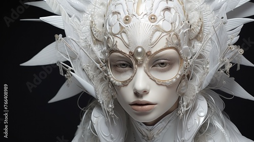 Enigmatic Ethereal Beauty Adorned in Opulent White Mirage Headpiece and Jewelry
