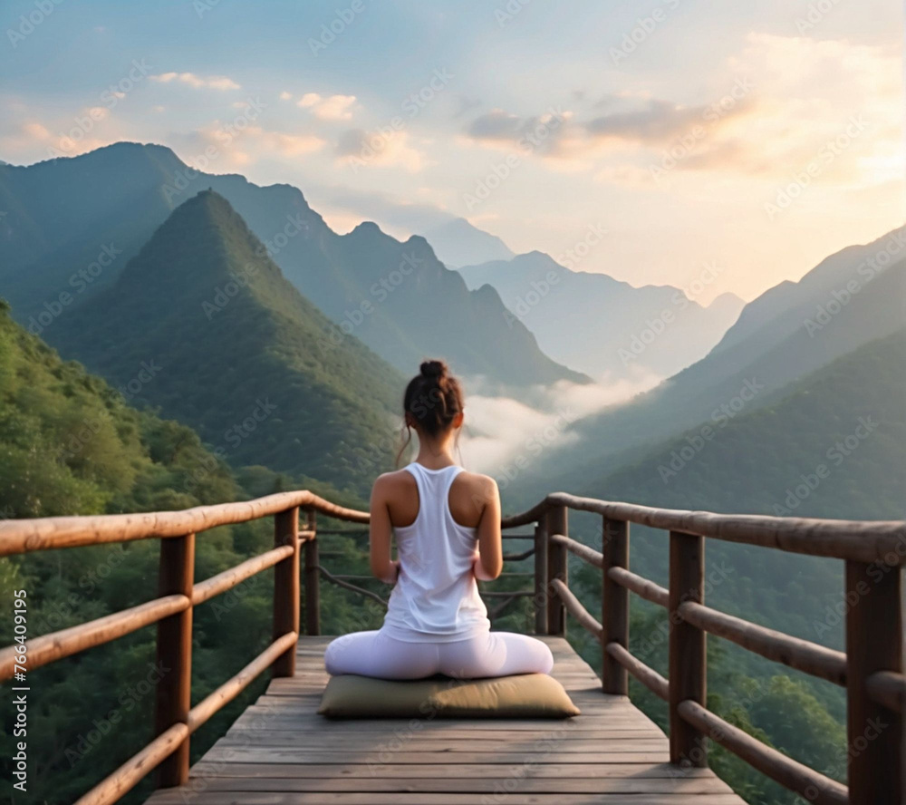 Young woman practicing yoga on the bridge morning in the mountains. Harmony, meditation, healthy lifestyle, relaxation concept	
