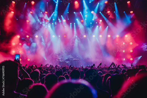 Concert crowd enjoying live music performance with stage lights. Music festival and entertainment concept. Audience and event atmosphere for poster, social media, and banner design with copy space photo