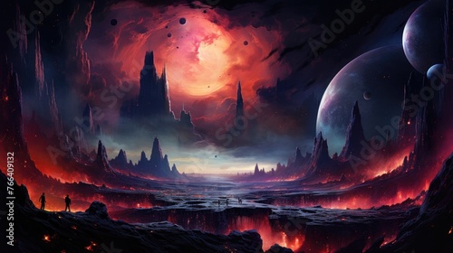 Galactic Apocalyptic Alien Landscape with Fiery Volcanic Eruptions and Ethereal Celestial Phenomena