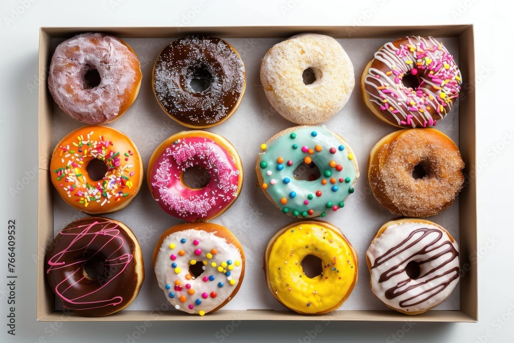box of different colorful donuts - top view box of different colorful donuts - top view
