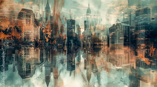 Surreal mixed media image blending cityscape with artistic textures