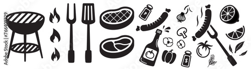 barbeque grill icon bundle, fire, bbq, barbecue meat, sausage fork party icon set