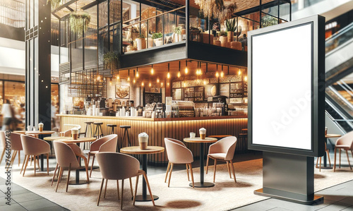 Inviting Shopping Mall Corridor with Digital Kiosk,Modern mall corridor with comfortable seating and a large digital kiosk, under a glass ceiling with hanging lights...