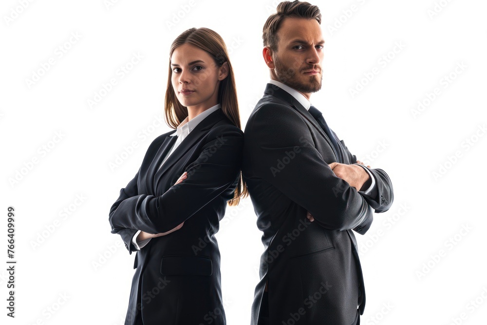 Business partners standing together back to back on white background Business partners standing together back to back on white background