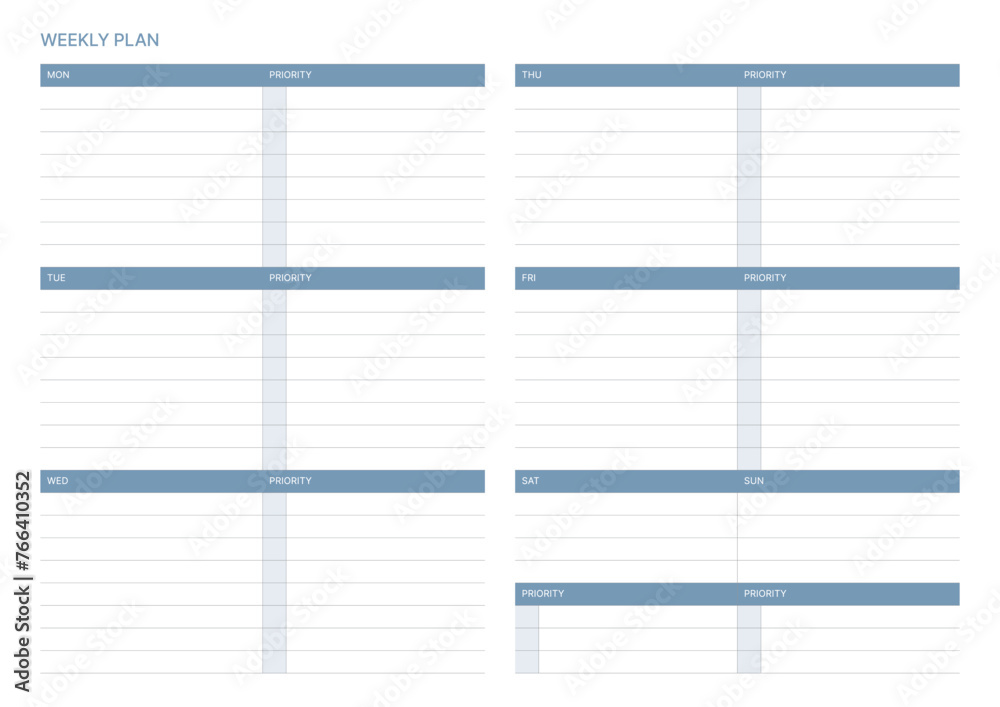 A weekly plan design template in a modern, simple, and minimalist style. Note, scheduler, diary, calendar, planner document template illustration. A weekly plan design template in a modern, simple, and minimalist style. Note, scheduler, diary, calendar, planner document template illustration.