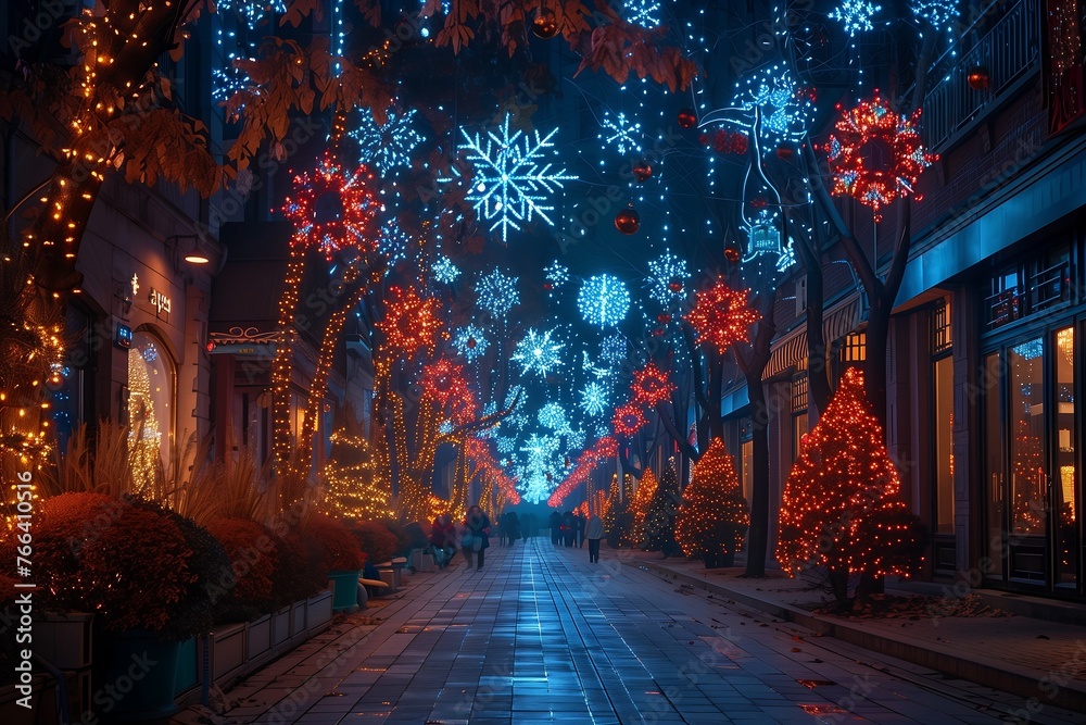 Festive Holiday Lights Decorating Winter Street - obrazy, fototapety, plakaty 
