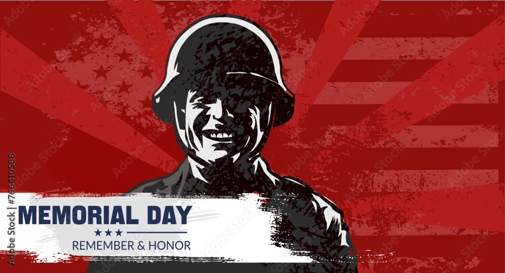 Memorial day ,  Remember and honor.  Silhouette of a smiling soldier in a helmet - vector illustration, banner, card - obrazy, fototapety, plakaty 