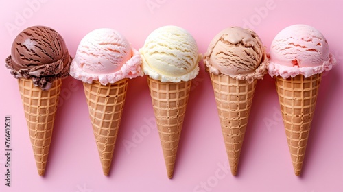 Various flavors of ice cream on a colorful background. Summer concept.