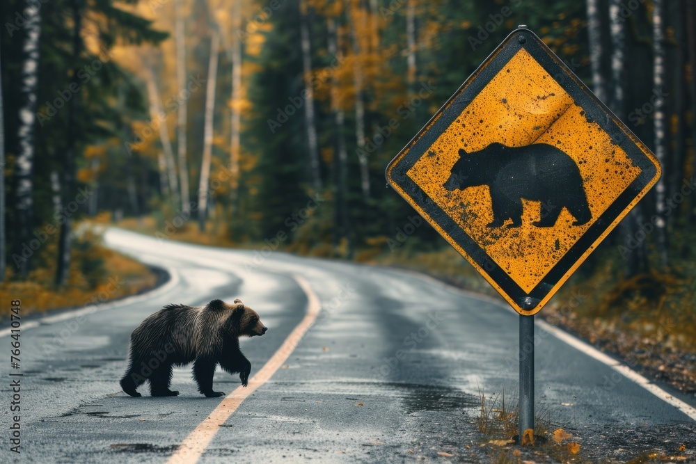 Road Sign Caution bears on a forest road Road Sign Caution bears on a forest road