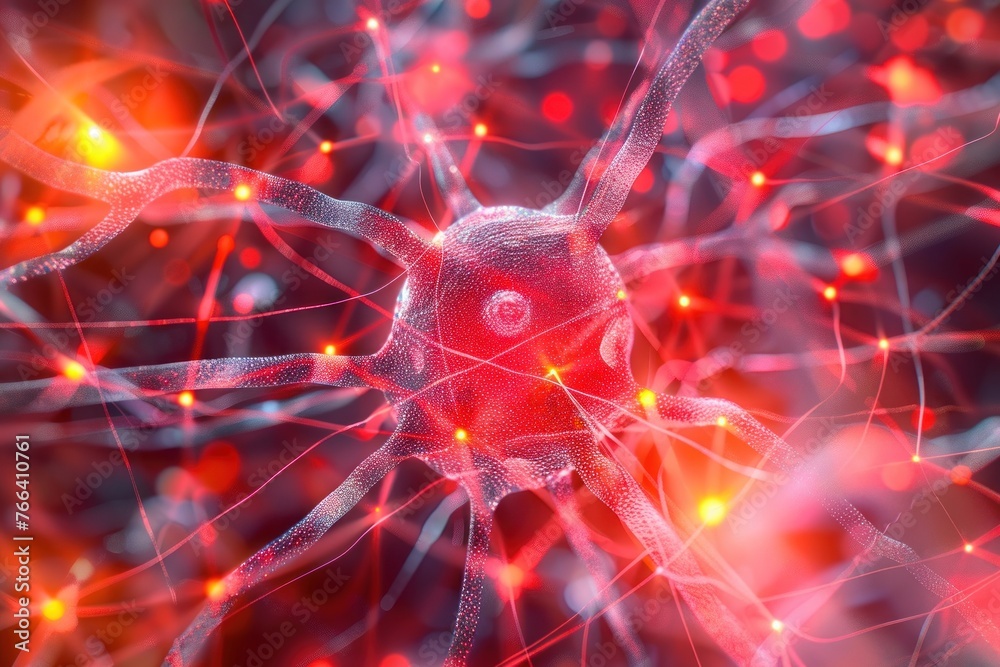 an abstract neuronal structure with intricate red fibers depicting neural activity or connectivity