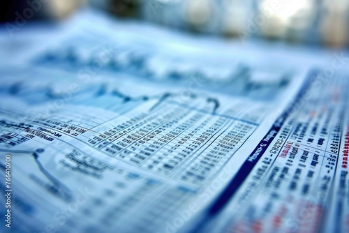A background with a close-up on a financial newspaper, highlighting stock market reports and economic news,