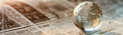 A background with a glass globe on a financial newspaper, emphasizing global economic perspectives,