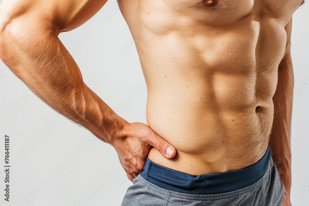male flawless body waist touch fat cells cellulite Isolated on solid white background male flawless body waist touch fat cells cellulite Isolated on solid white background