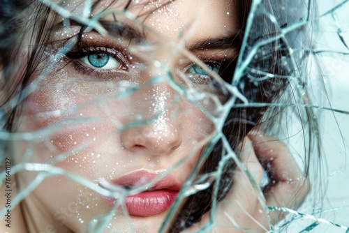 Conceptual portrait of a beautiful woman with makeup with broken glass effect