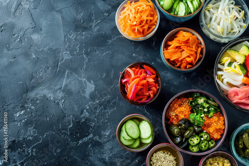 assorted japanese pickles in small bowls on dark textured surface, free space for text photo