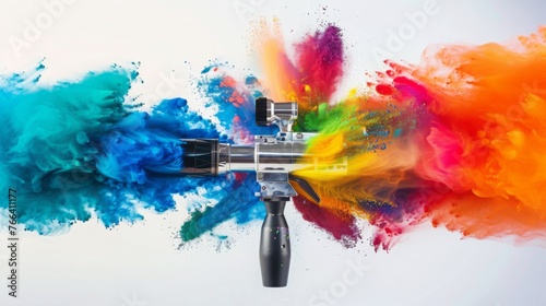 professional chrome metal airbrush acrylic color paint gun tool with colorful rainbow spray holi powder cloud explosion isolated on white panorama background industry art scale model modelling concept photo