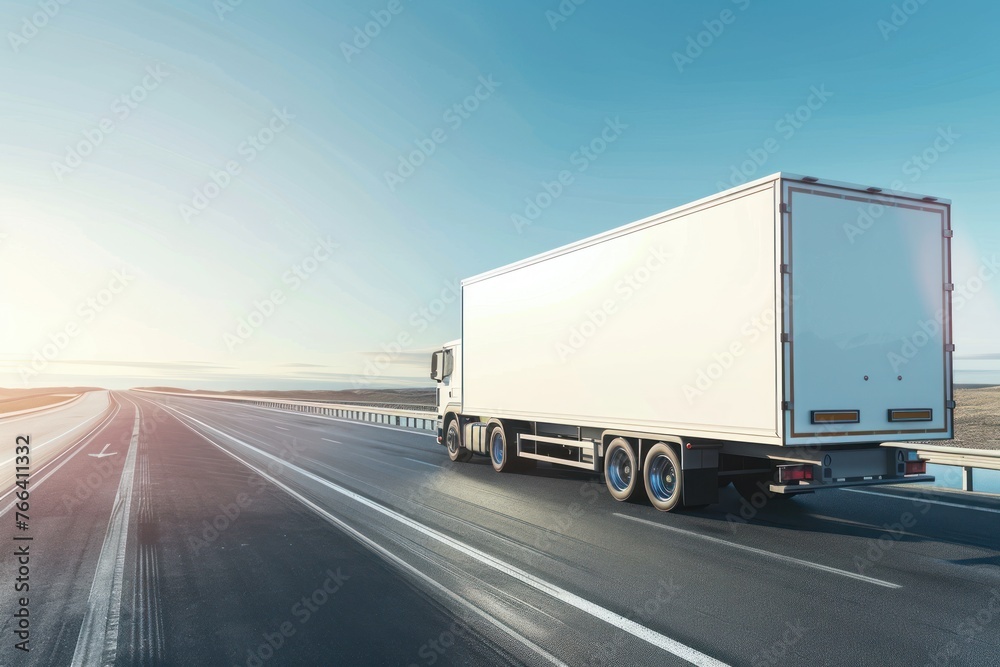 Delivery cargo truck with long empty trailer with mockup space on highway