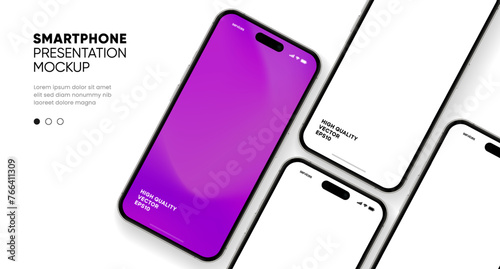 Realistic smartphone mockup. Mobile phone vector with isolated on white background. Device front view. 3D mobile phone with shadow. Realistic, high quality smart phone mockup for ui ux presentation.