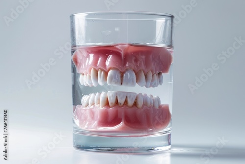 Denture inside glass of water. Teeth hygiene  care  prevention Isolated on white background