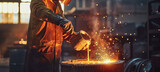 A worker pours molten metal from a flask in a foundry