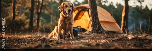 Camper embarking on a wilderness adventure with his loyal canine companion. Generative AI photo