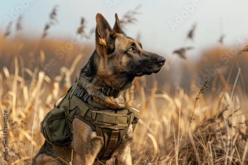 dog in body armor on traning field photo