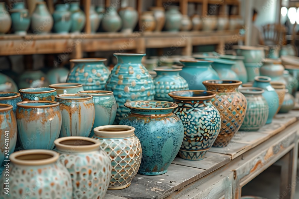 Artisan Ceramic Pots Collection on Wooden Shelves