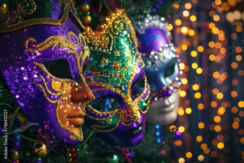 Mardi Gras masks and beads background © Igor