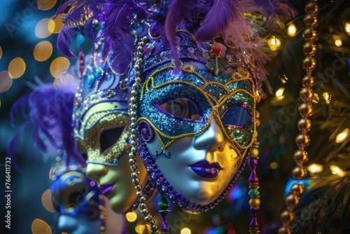 Mardi Gras masks and beads background