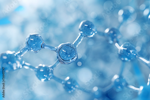 Abstract blue molecules on a sparkling background. Science and molecular structure concept Science concept. Abstract round molecules background connected with each other. Light blue colored. 