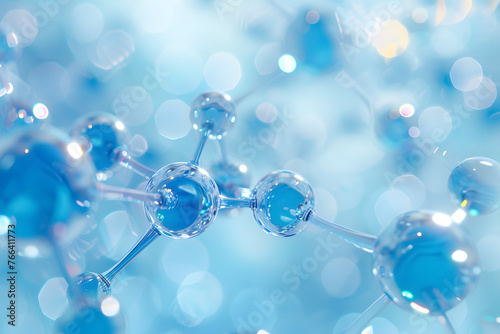 Abstract blue molecules on a sparkling background. Science and molecular structure concept Science concept. Abstract round molecules background connected with each other. Light blue colored. 