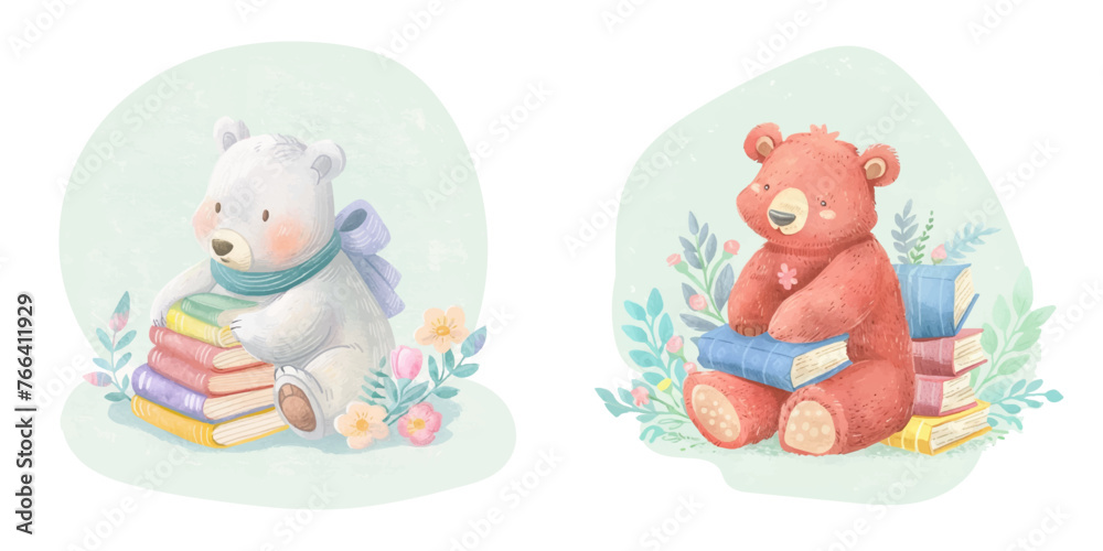 cute bear with color books watercolour vector illustration