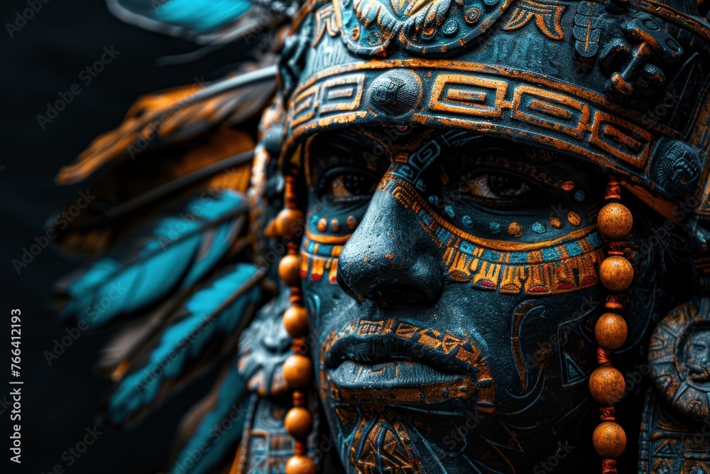 Fototapeta premium Face of an Aztec warrior on a black background