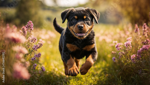 Adorable cachorro de la raza Rottweiler corriendo feliz por un hermoso prado lleno de flores