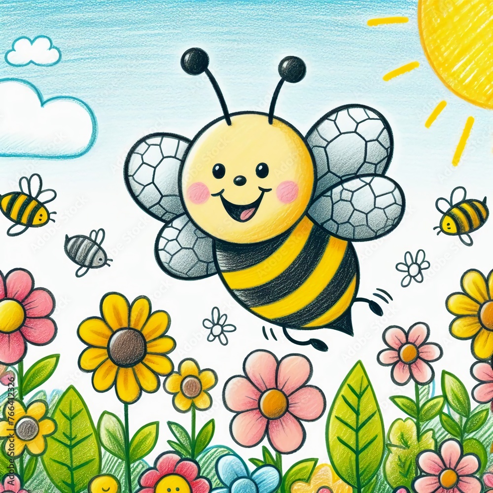 Petite abeille souriante qui vole dans un champ fleurit avec des fleurs colorées dans un environnement joyeux Petite abeille souriante qui vole dans un champ fleurit avec des fleurs colorées dans un environnement joyeux